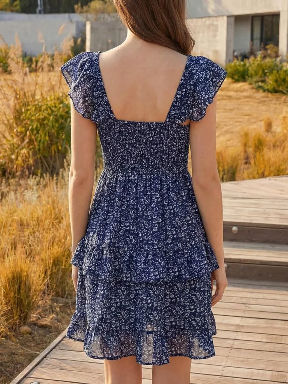 Women's Summer Dress Boho Navy-1 Smocked Ruffle Sun Beach Mini Swing Dress